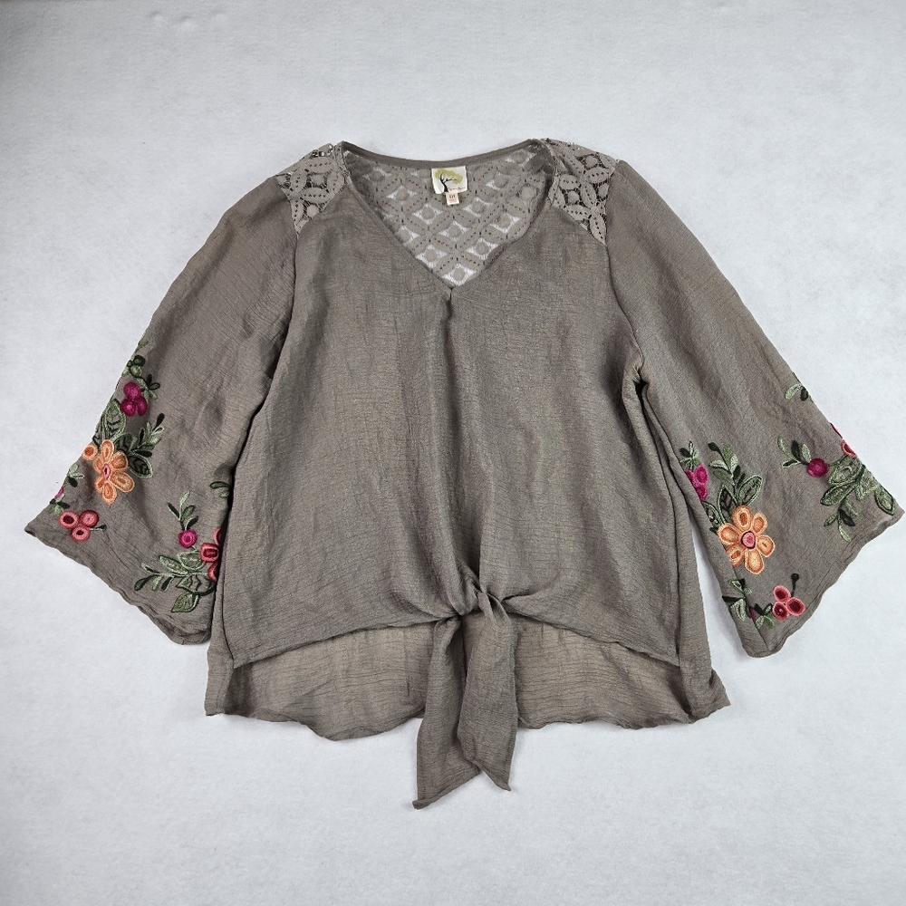 Fig And Flower Embroidered Tie-Front Blouse